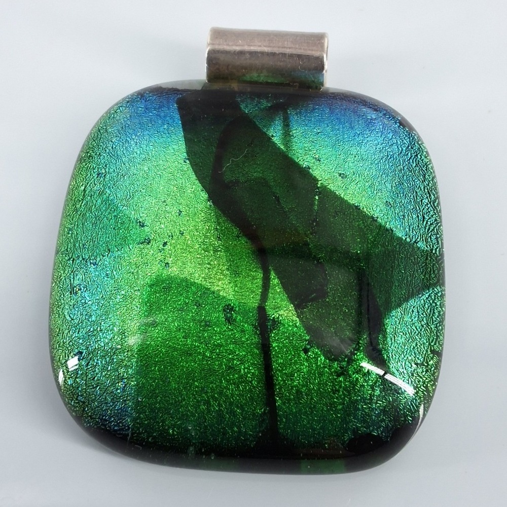 Handmade Dichroic Fused Glass Pendant‎ Green Blue Iridescent Square Art Jewelry
